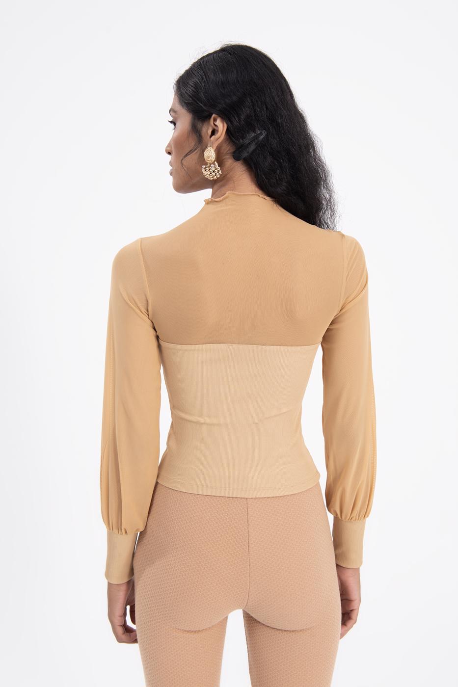 Bayan Bej Balon Kollu Transparan Detaylı Bluz