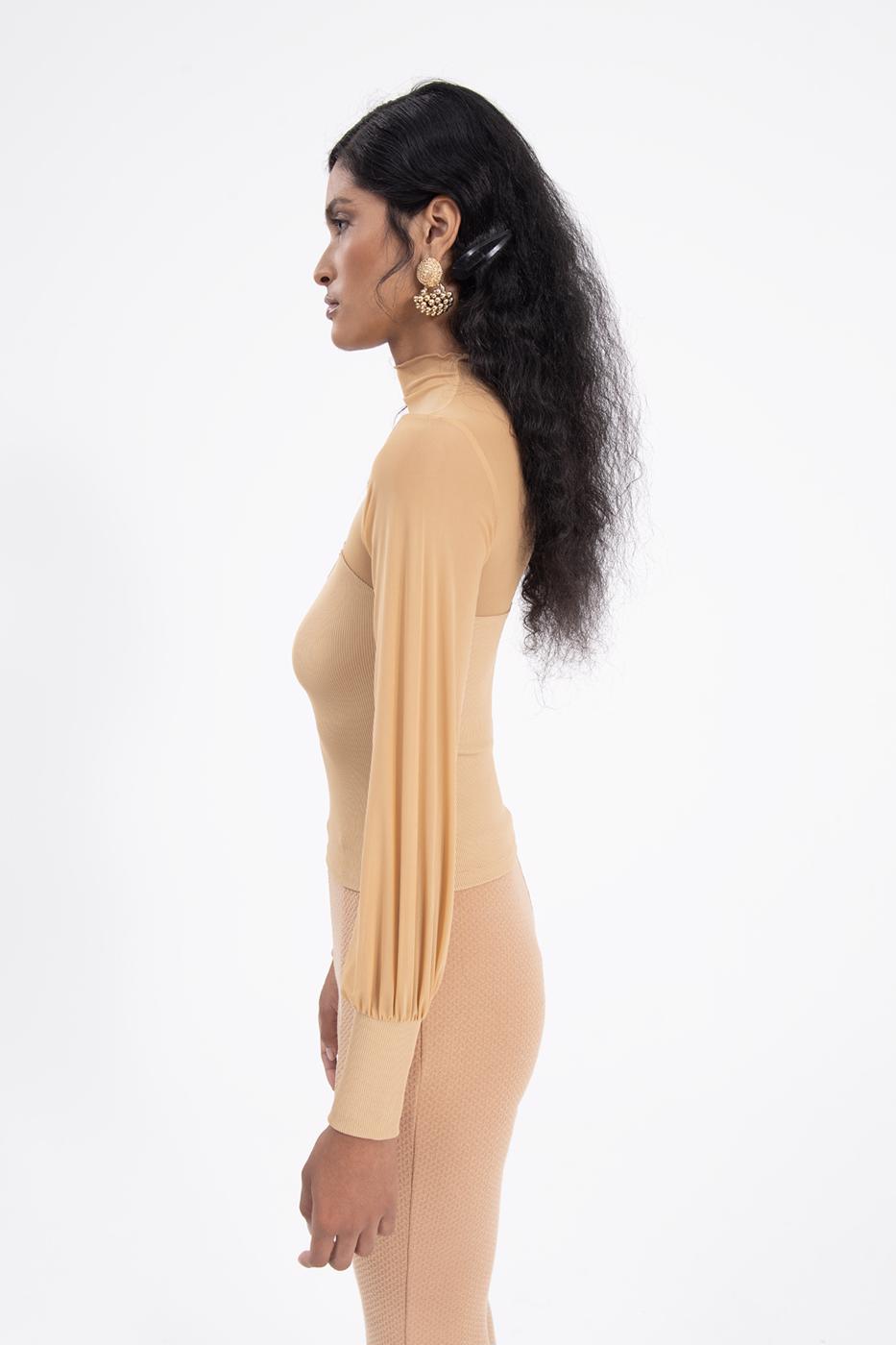 Bayan Bej Balon Kollu Transparan Detaylı Bluz