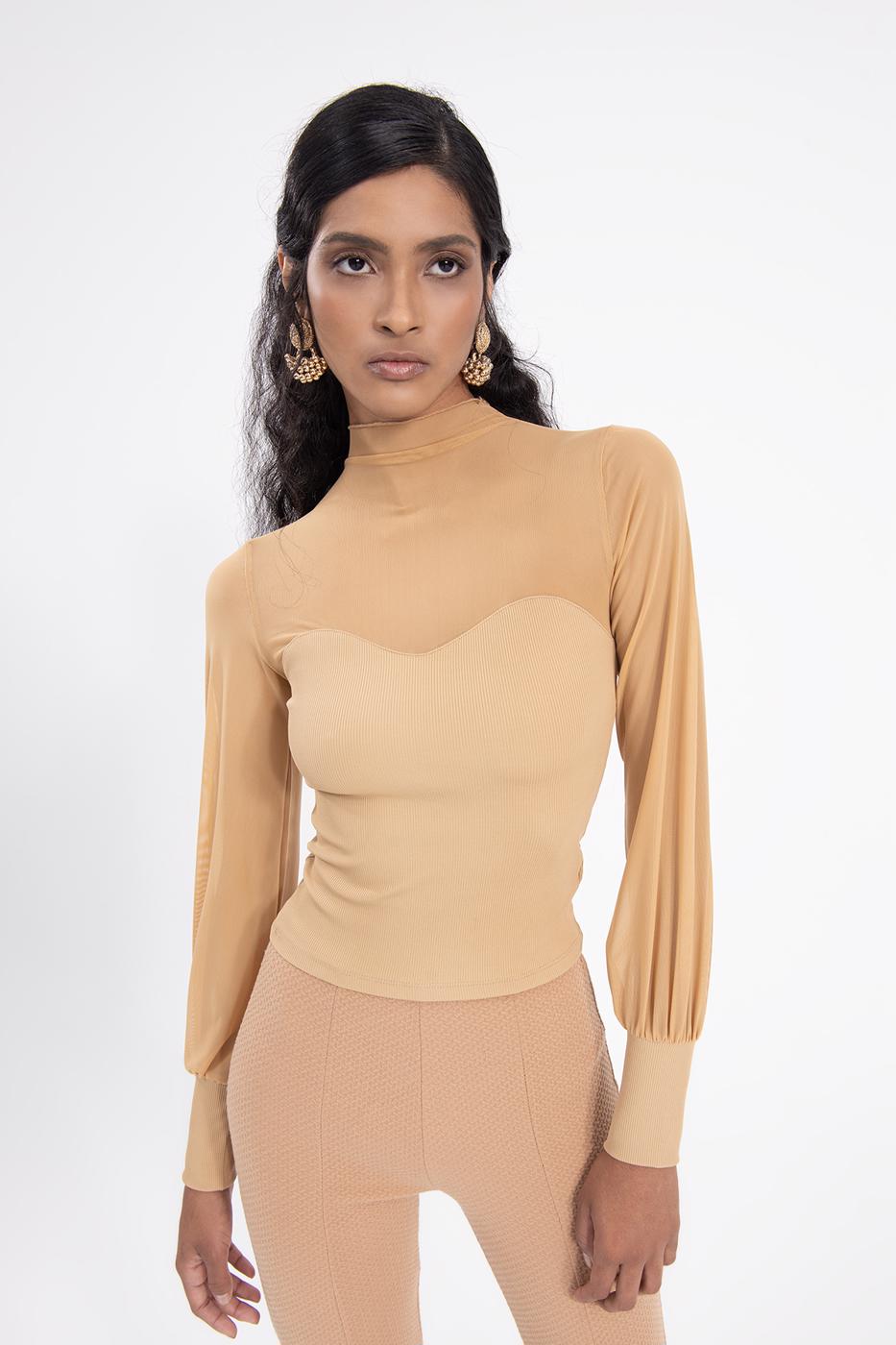 Bayan Bej Balon Kollu Transparan Detaylı Bluz