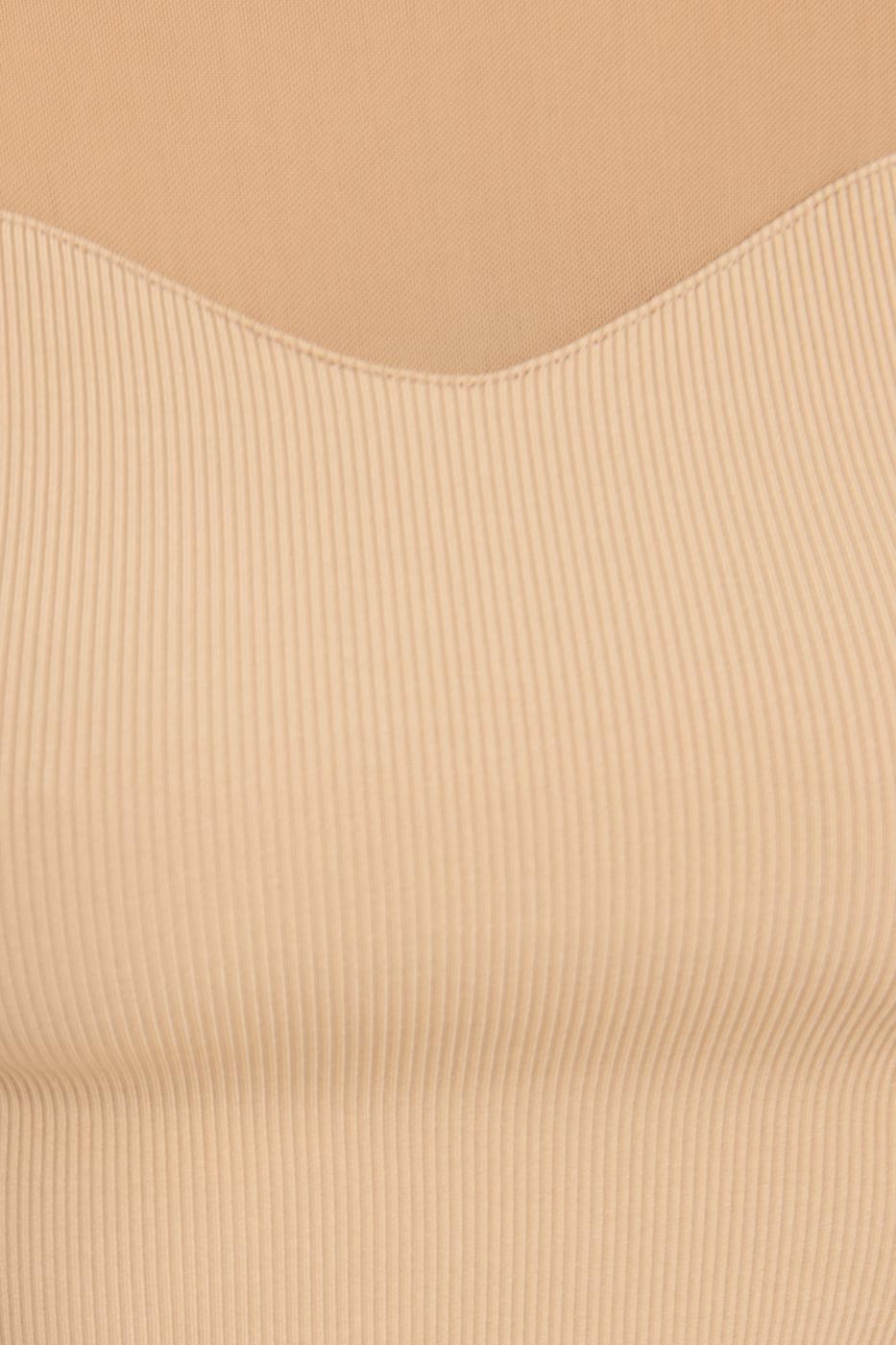 Bayan Bej Balon Kollu Transparan Detaylı Bluz