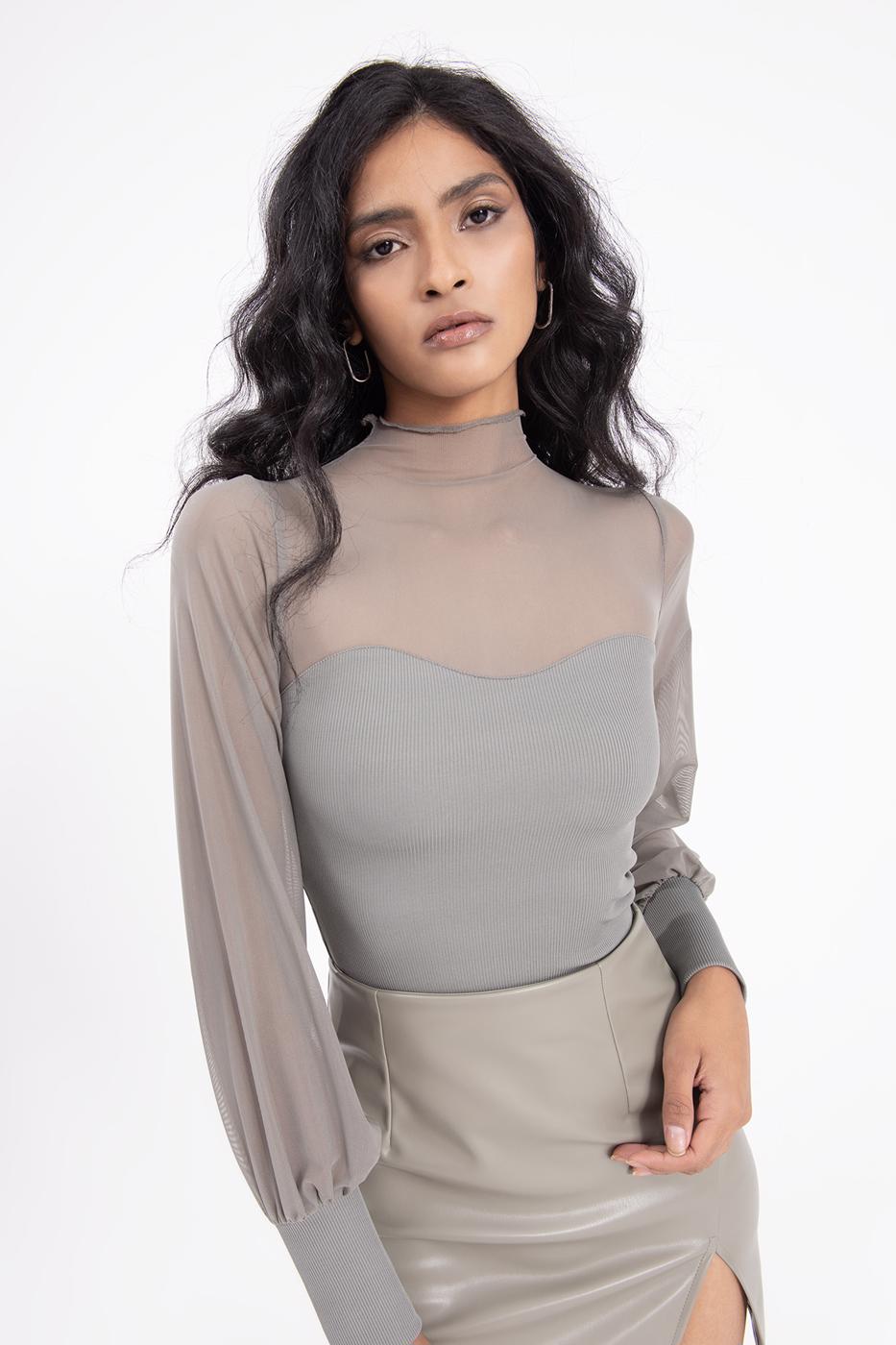 Bayan Gri Balon Kollu Transparan Detaylı Bluz