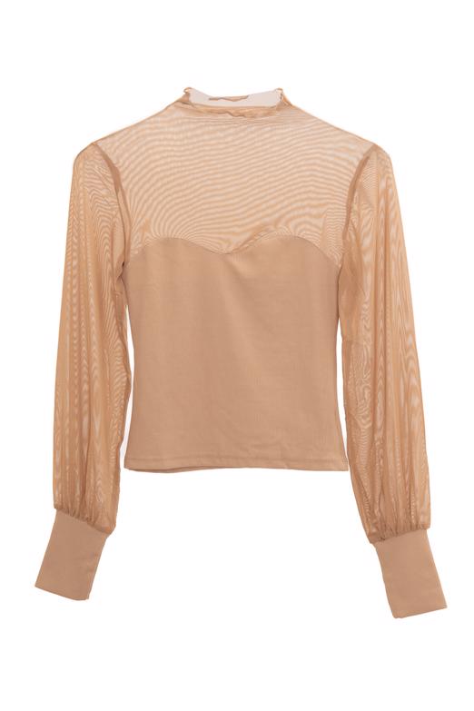 Bayan Bej Balon Kollu Transparan Detaylı Bluz - BSL