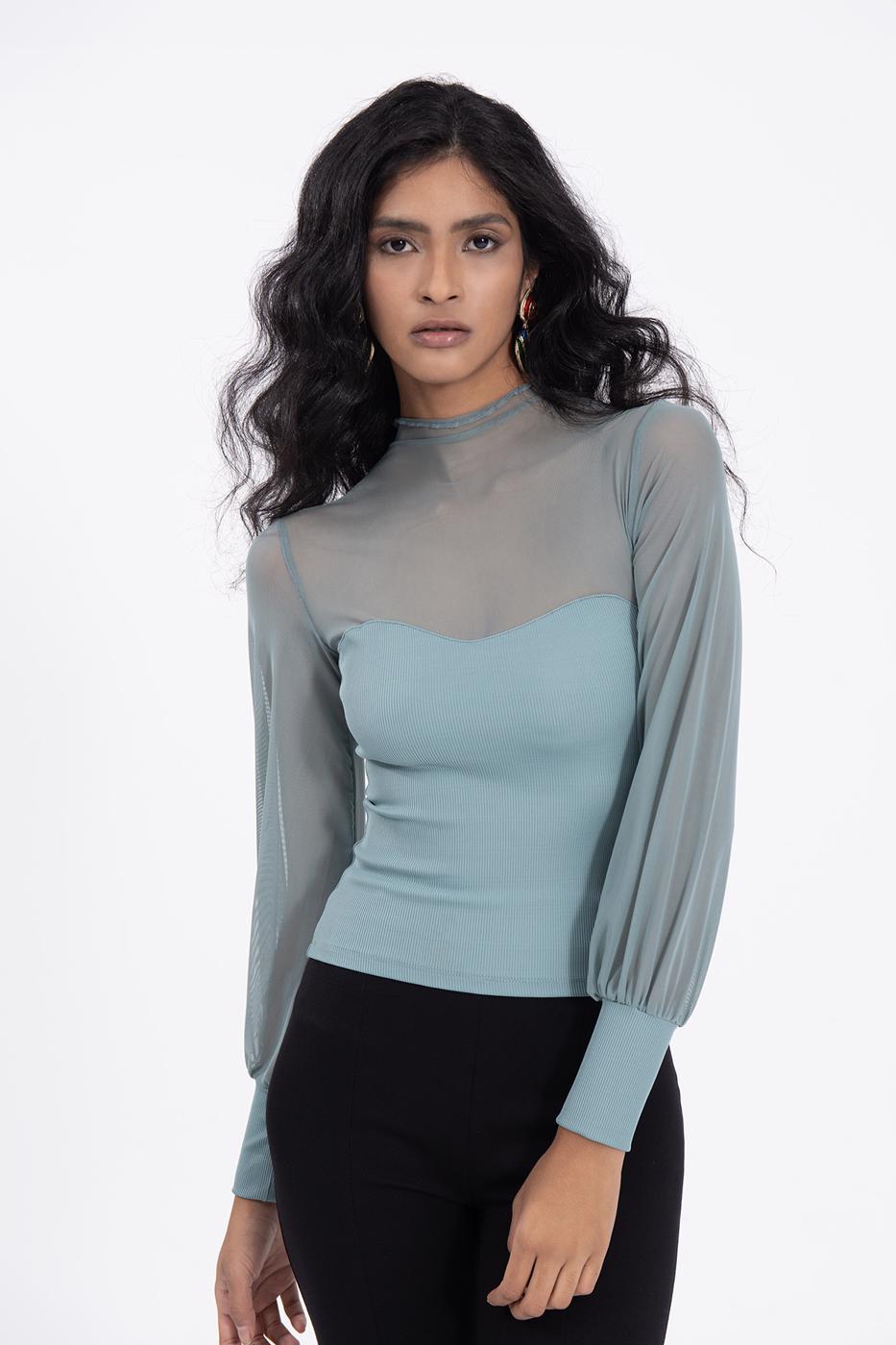 Bayan Yeşil Balon Kollu Transparan Detaylı Bluz