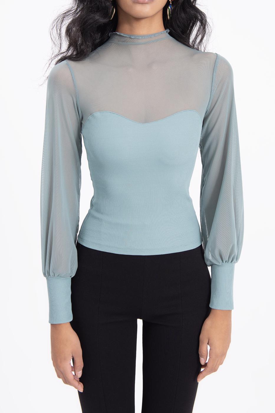 Bayan Yeşil Balon Kollu Transparan Detaylı Bluz