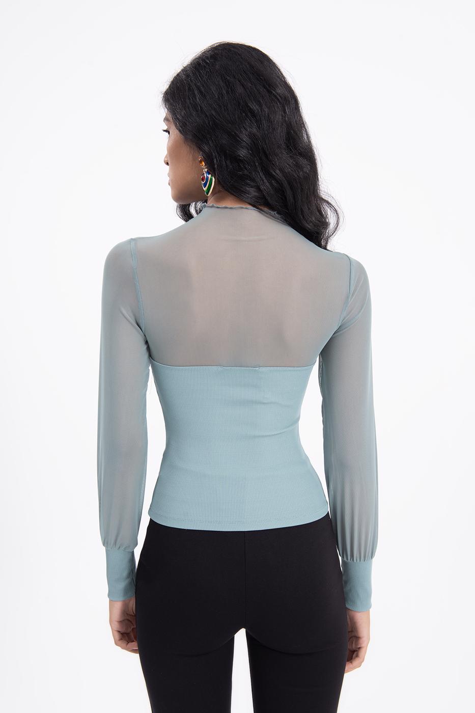 Bayan Yeşil Balon Kollu Transparan Detaylı Bluz