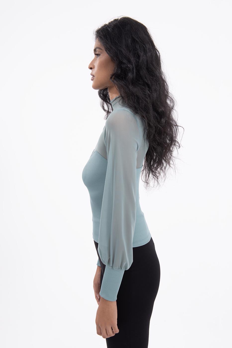 Bayan Yeşil Balon Kollu Transparan Detaylı Bluz