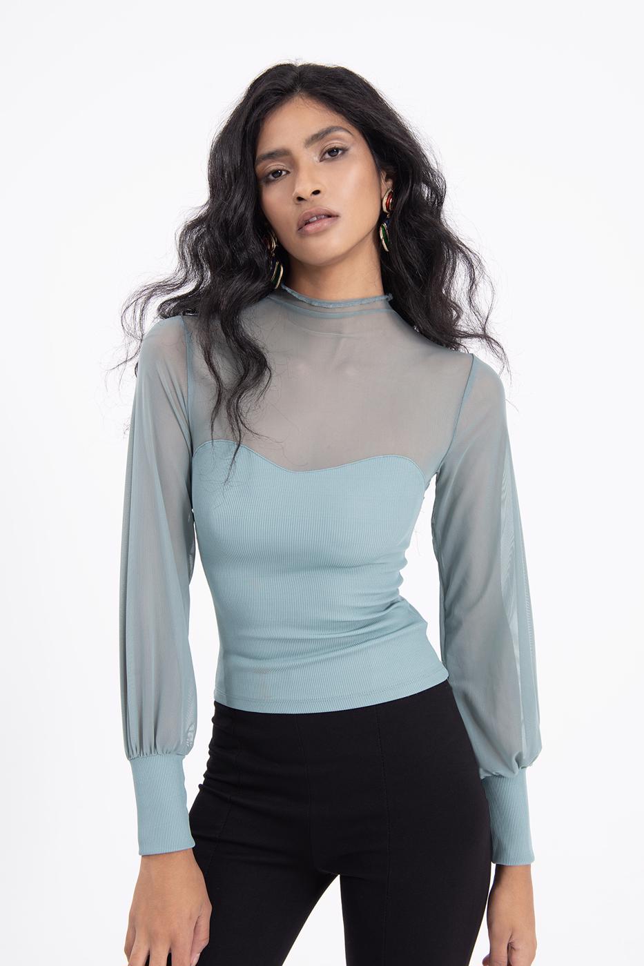 Bayan Yeşil Balon Kollu Transparan Detaylı Bluz