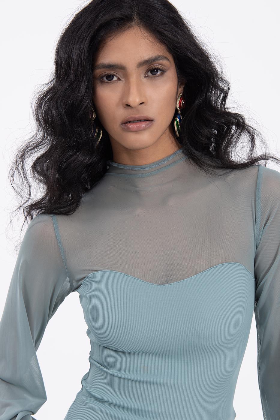 Bayan Yeşil Balon Kollu Transparan Detaylı Bluz