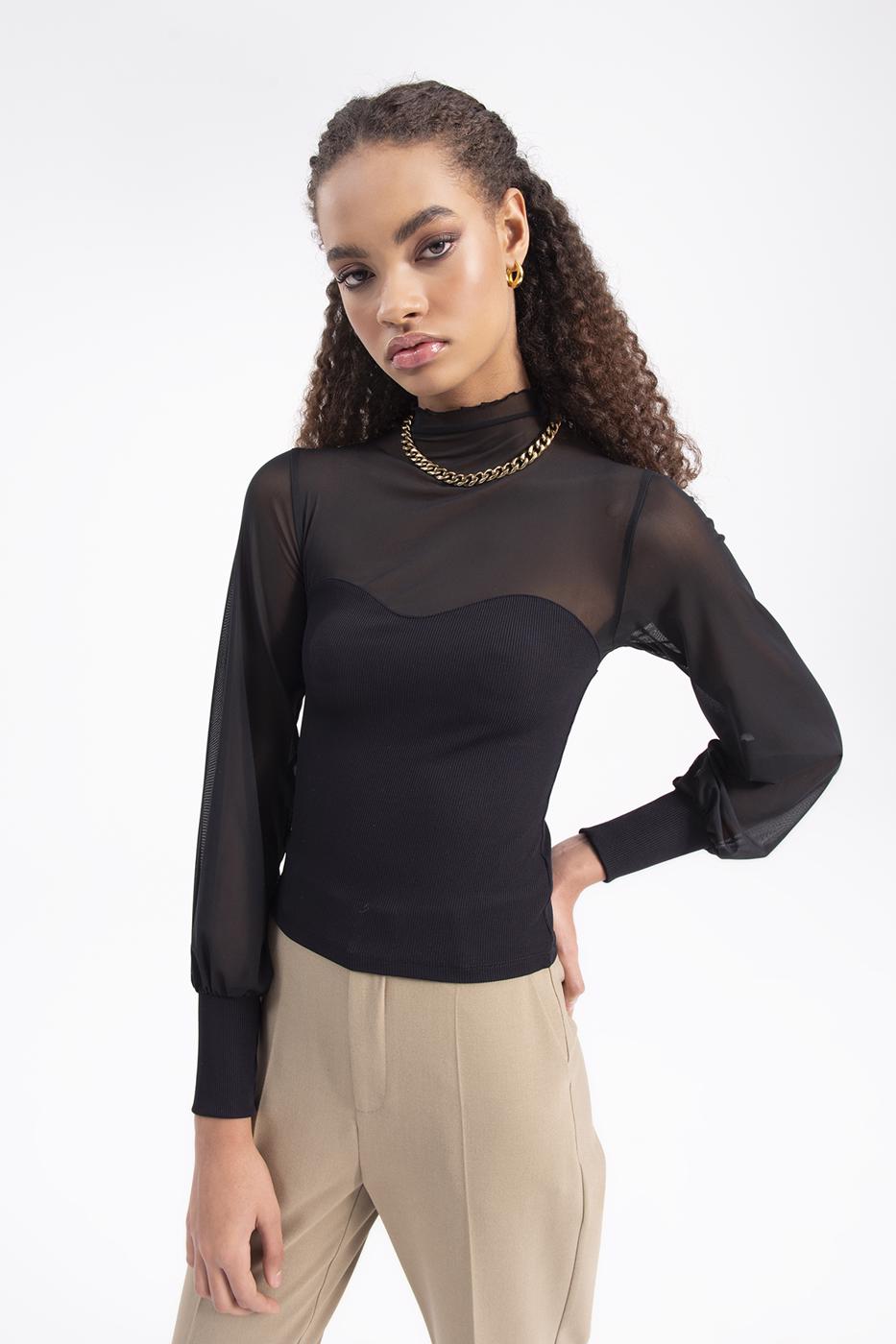 Bayan Siyah Balon Kollu Transparan Detaylı Bluz