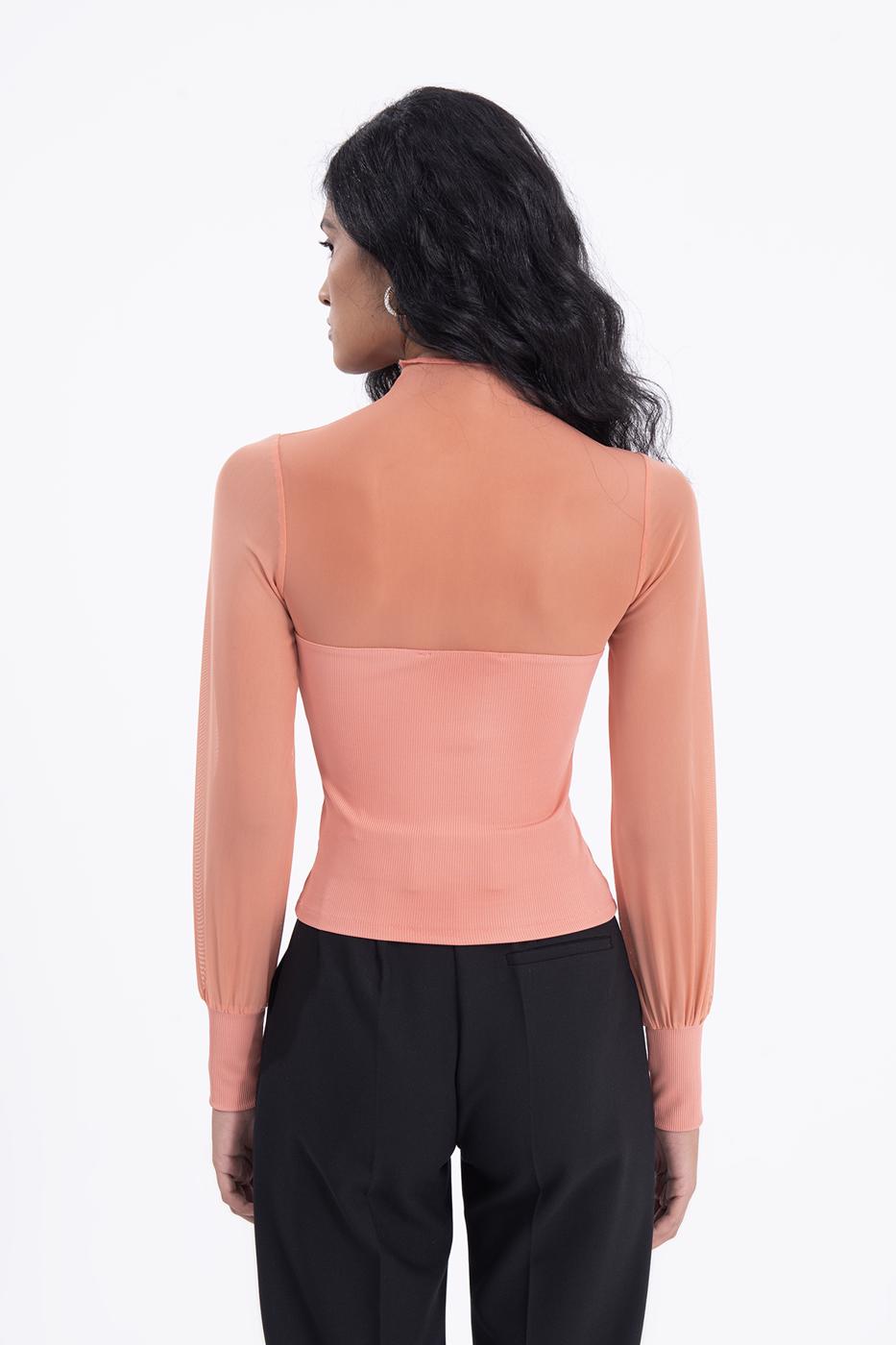 Bayan Somon Balon Kollu Transparan Detaylı Bluz