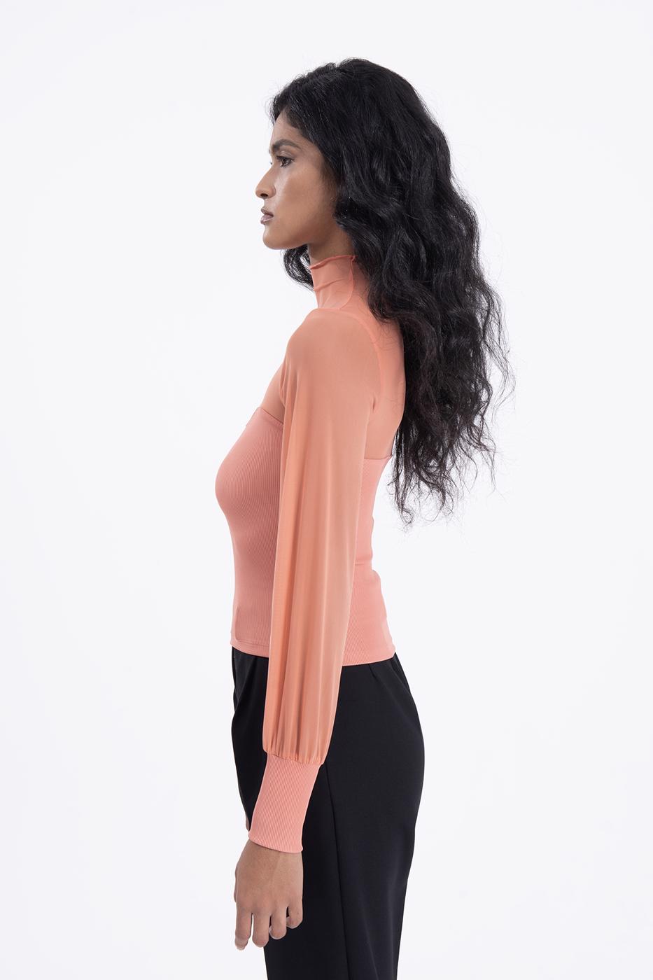 Bayan Somon Balon Kollu Transparan Detaylı Bluz