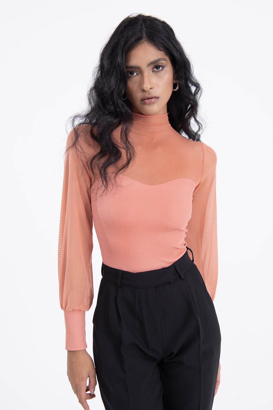 Bayan Somon Balon Kollu Transparan Detaylı Bluz