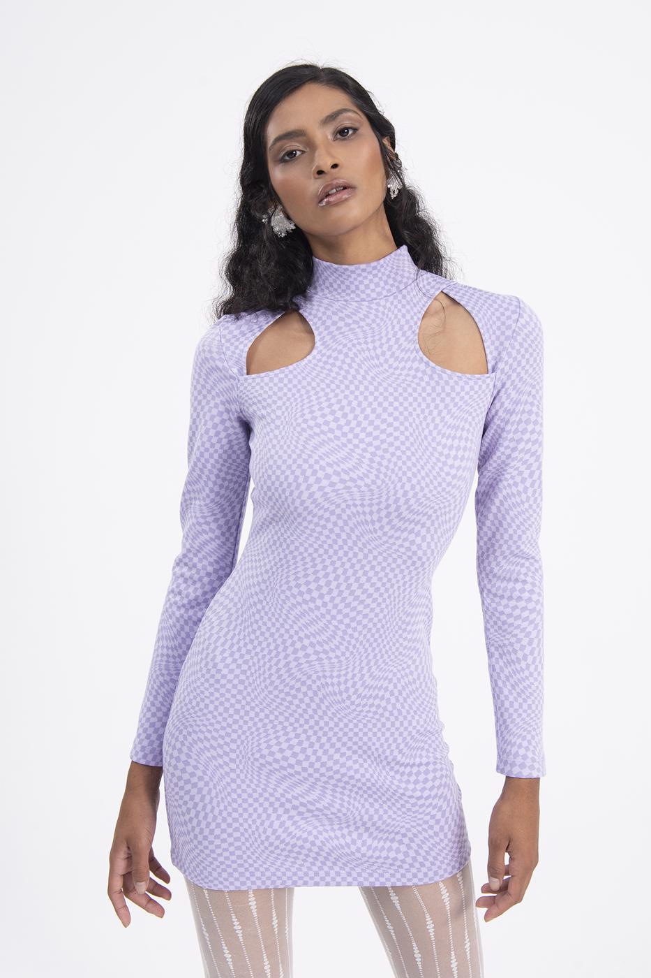 Bayan Lila Pencere Detaylı Dik Yakalı Mini Elbise