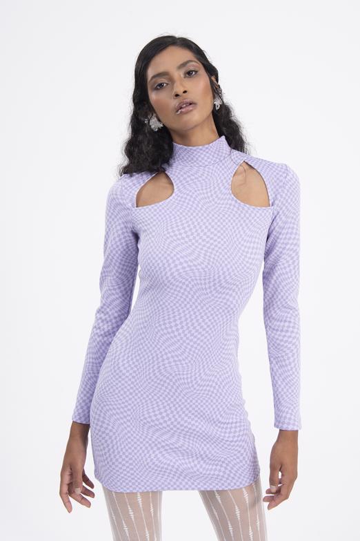 Bayan Lila Pencere Detaylı Dik Yakalı Mini Elbise - BSL