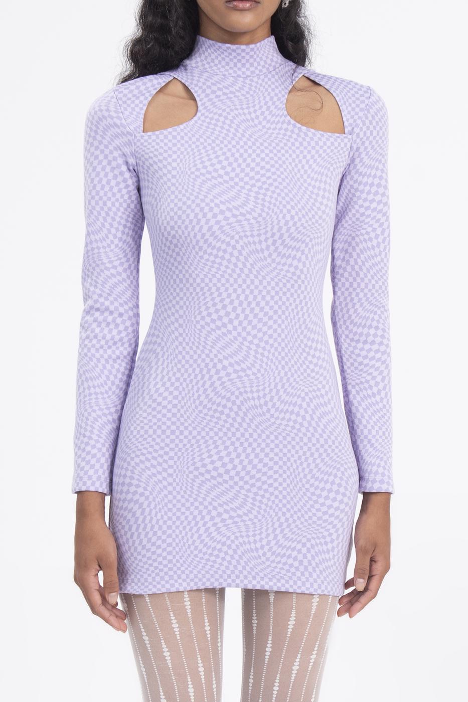 Bayan Lila Pencere Detaylı Dik Yakalı Mini Elbise