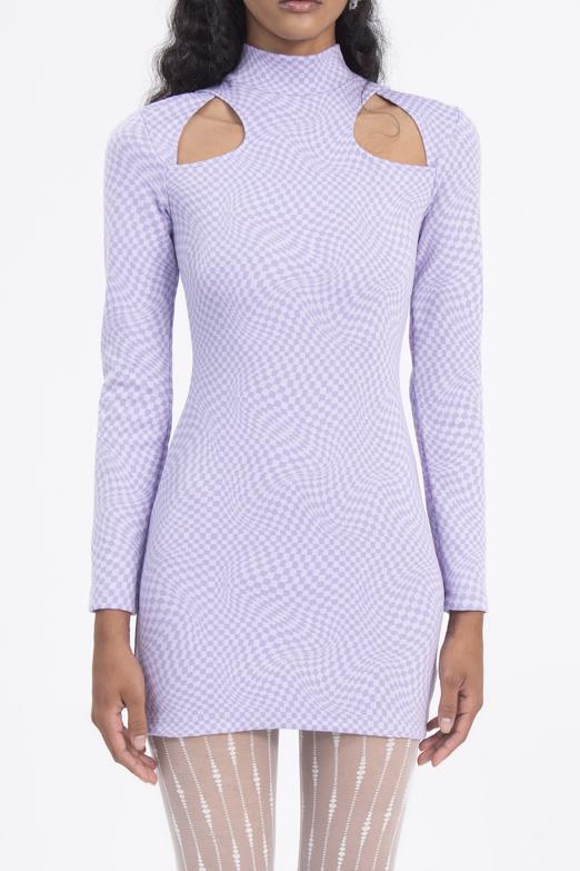 Bayan Lila Pencere Detaylı Dik Yakalı Mini Elbise - BSL