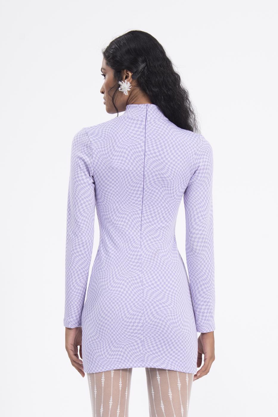 Bayan Lila Pencere Detaylı Dik Yakalı Mini Elbise