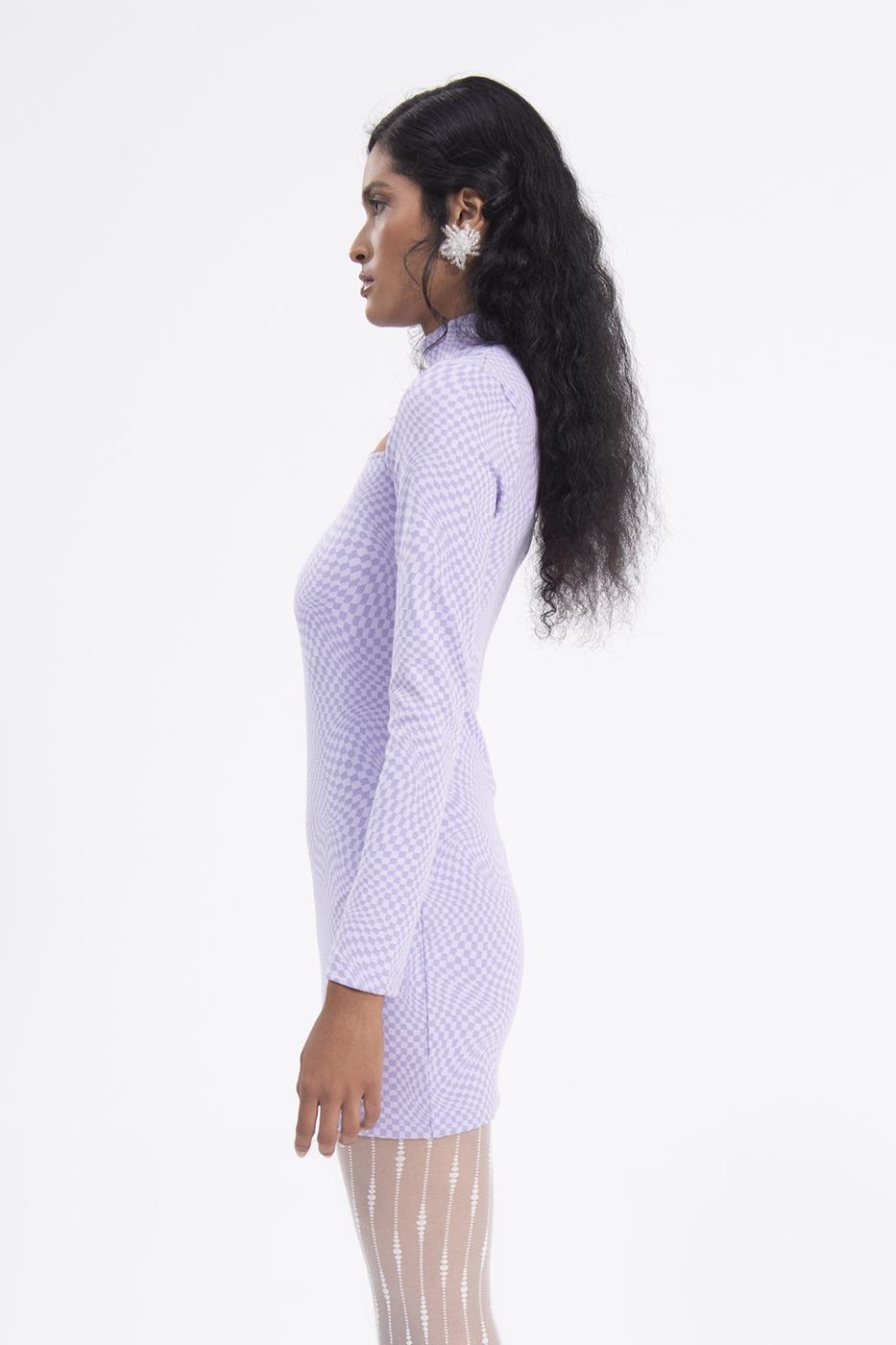 Bayan Lila Pencere Detaylı Dik Yakalı Mini Elbise