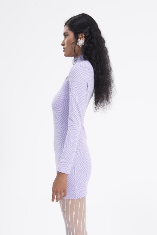 Bayan Lila Pencere Detaylı Dik Yakalı Mini Elbise - BSL