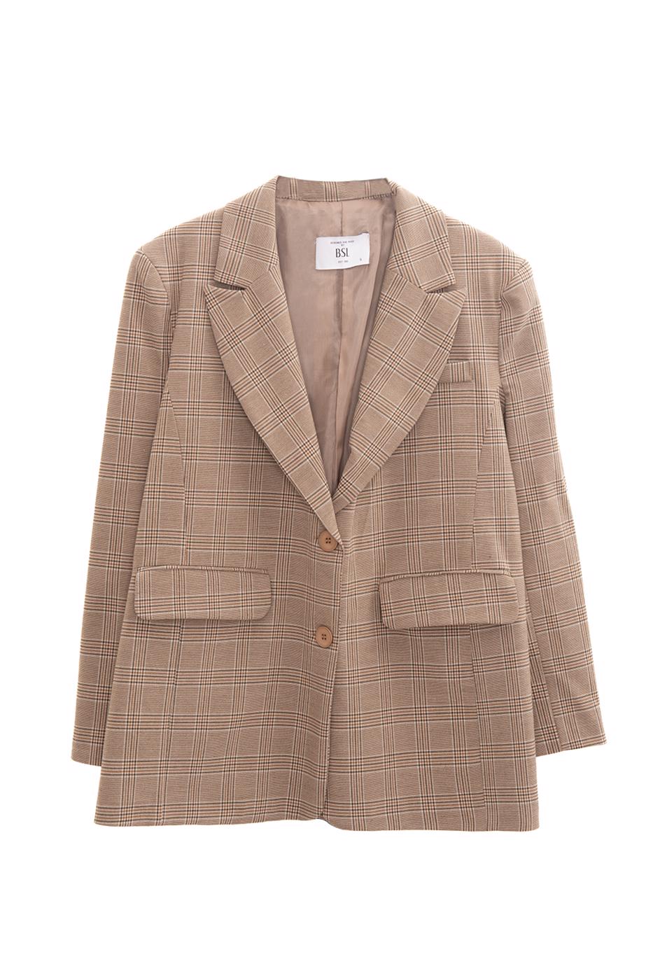 Bayan Bej Ekoseli Blazer Ceket