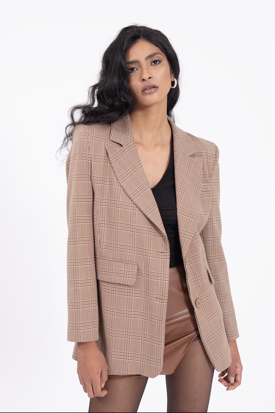 Bayan Bej Ekoseli Blazer Ceket