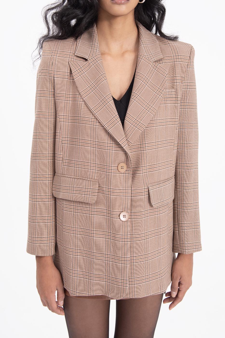 Bayan Bej Ekoseli Blazer Ceket