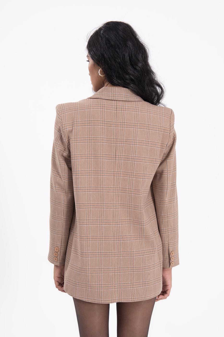 Bayan Bej Ekoseli Blazer Ceket