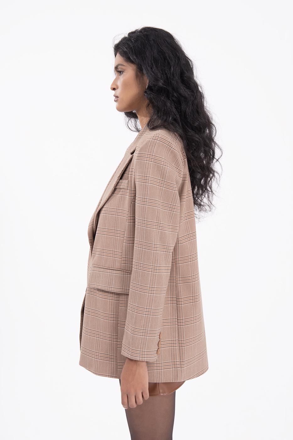 Bayan Bej Ekoseli Blazer Ceket