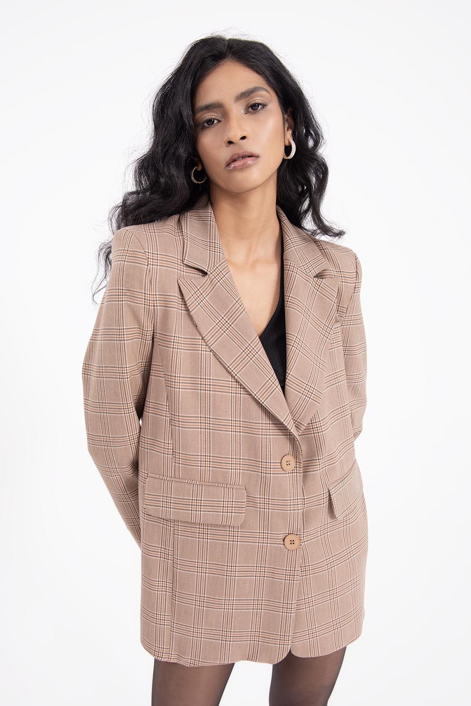 Bayan Bej Ekoseli Blazer Ceket