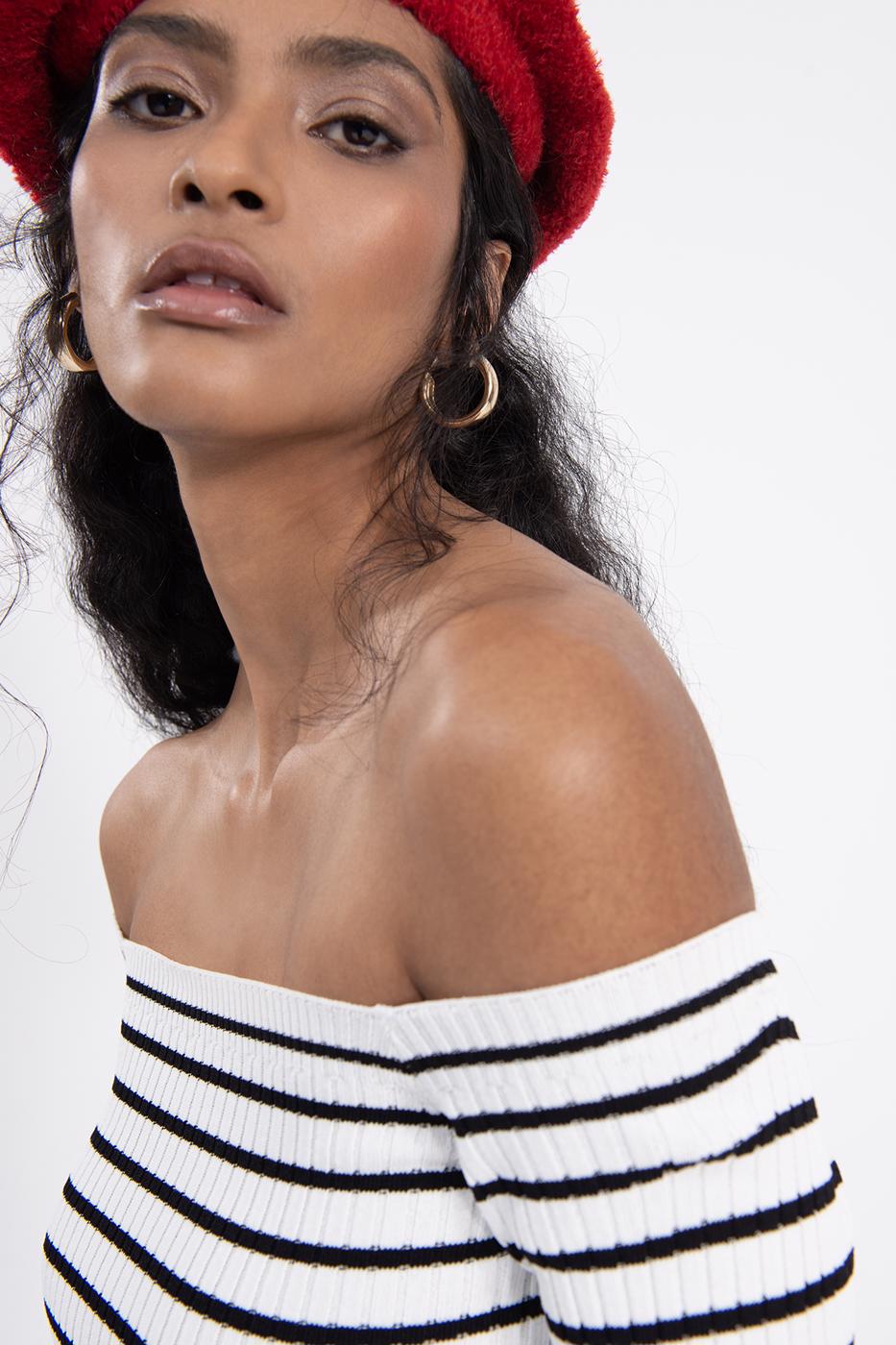 Bayan Ekru Carmen Yaka Çizgili Crop Top