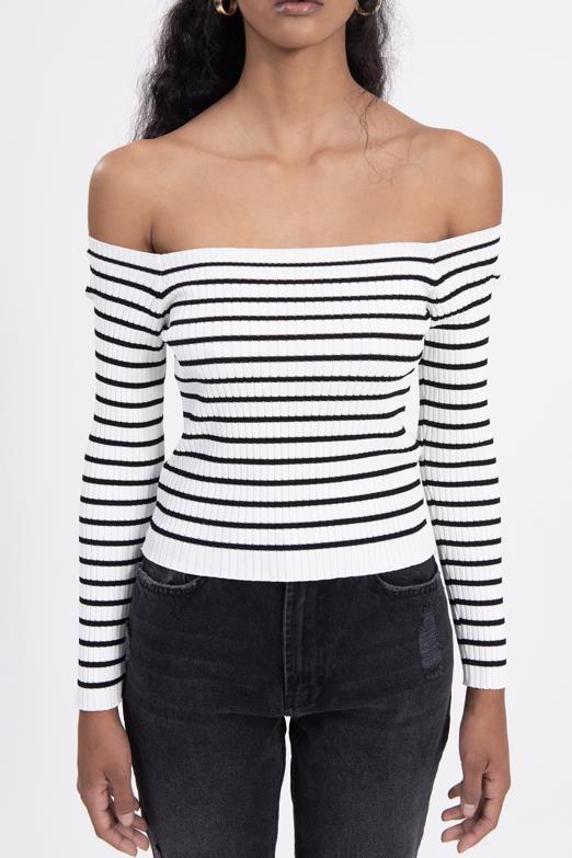 Bayan Ekru Carmen Yaka Çizgili Crop Top - BSL