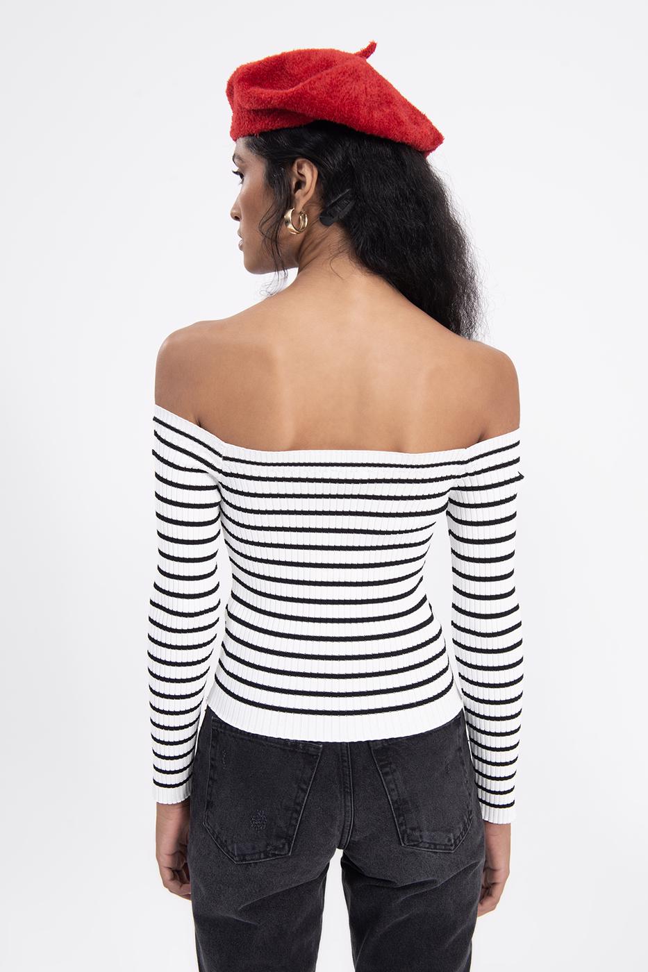 Bayan Ekru Carmen Yaka Çizgili Crop Top