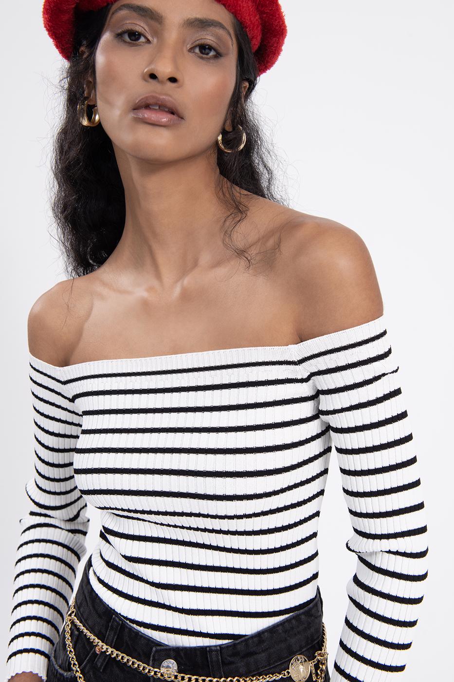 Bayan Ekru Carmen Yaka Çizgili Crop Top