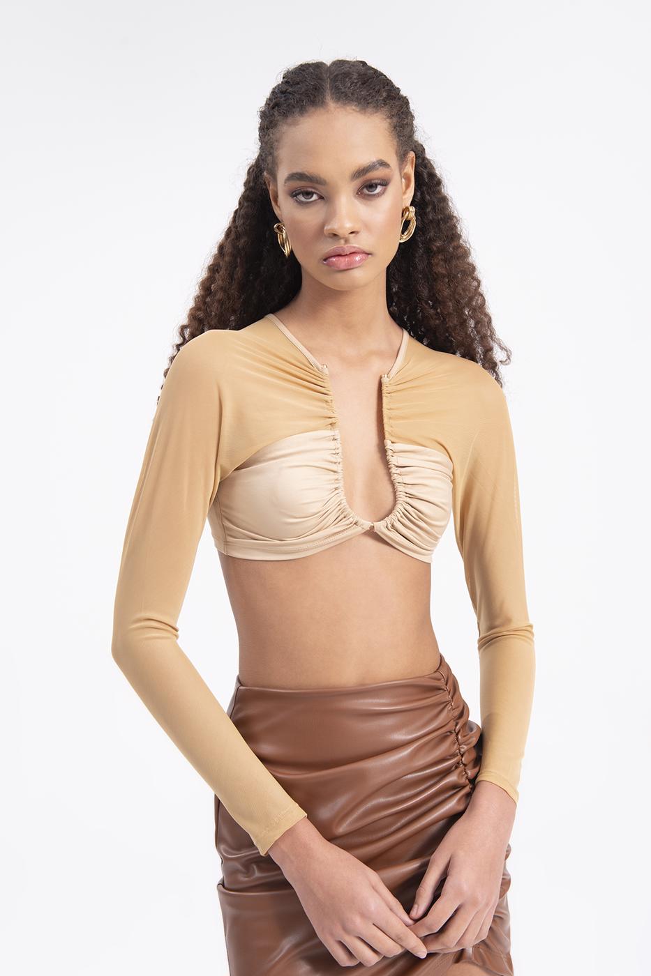 Bayan Bej Sırt Pencere Detaylı Crop Top