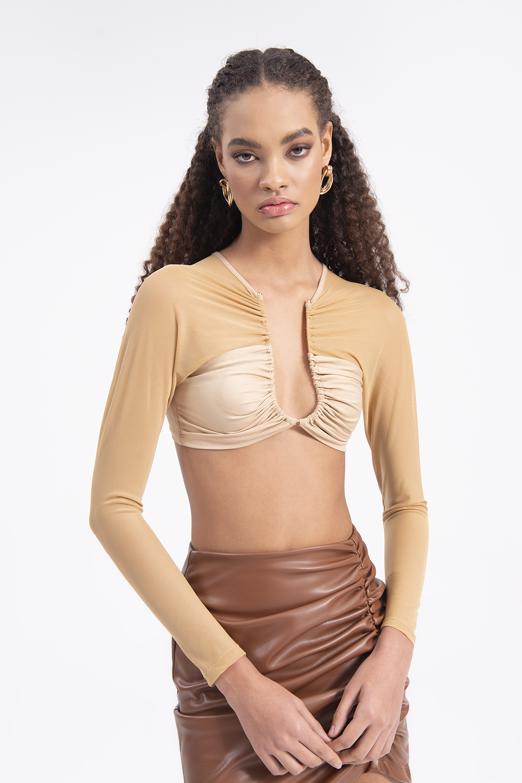 Bayan Bej Sırt Pencere Detaylı Crop Top - BSL