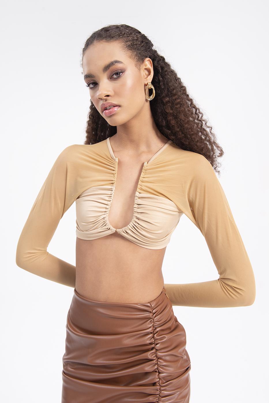 Bayan Bej Sırt Pencere Detaylı Crop Top