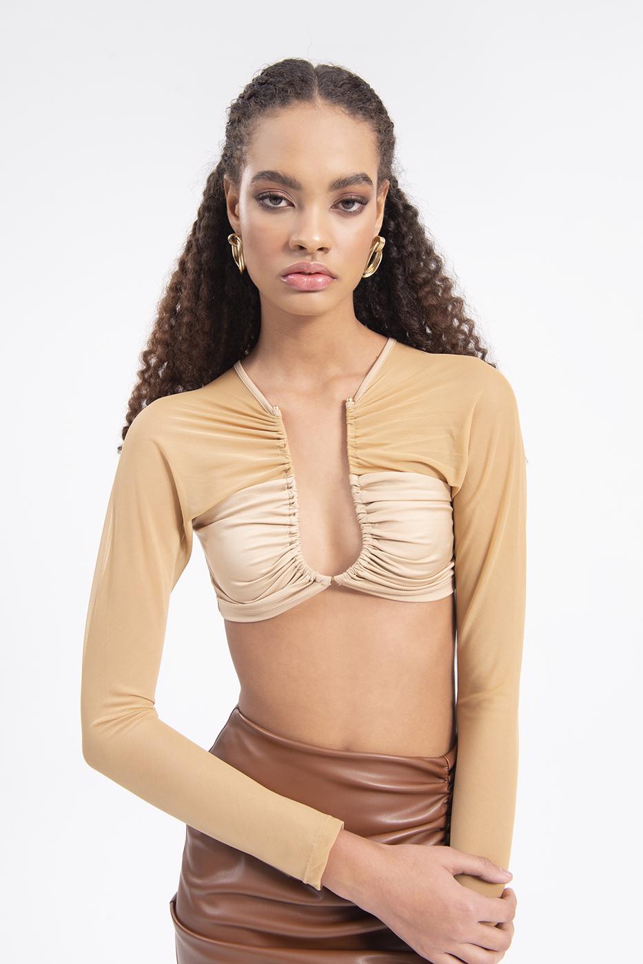 Bayan Bej Sırt Pencere Detaylı Crop Top