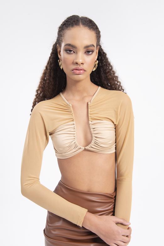 Bayan Bej Sırt Pencere Detaylı Crop Top - BSL