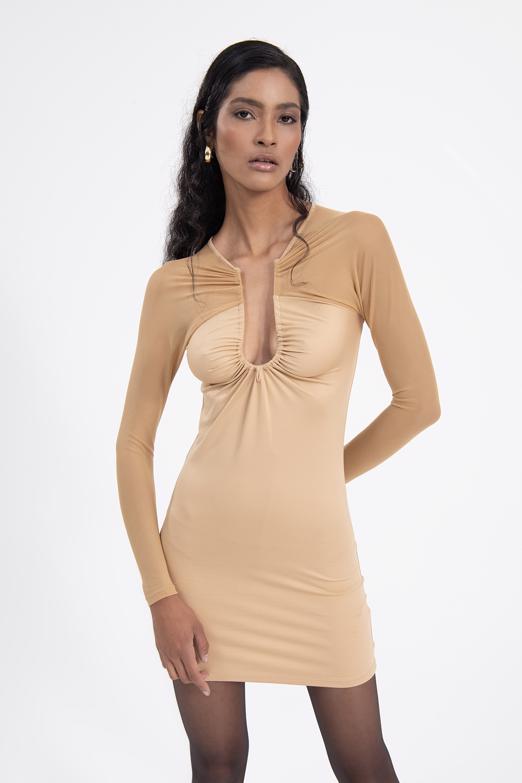 Bayan Bej Sırt Pencereli Mini Elbise - BSL