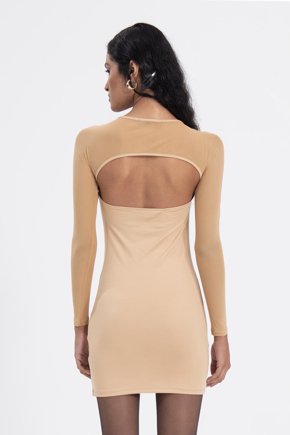 Bayan Bej Sırt Pencereli Mini Elbise