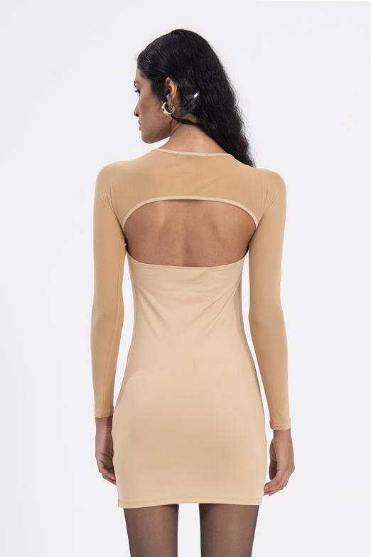 Bayan Bej Sırt Pencereli Mini Elbise - BSL