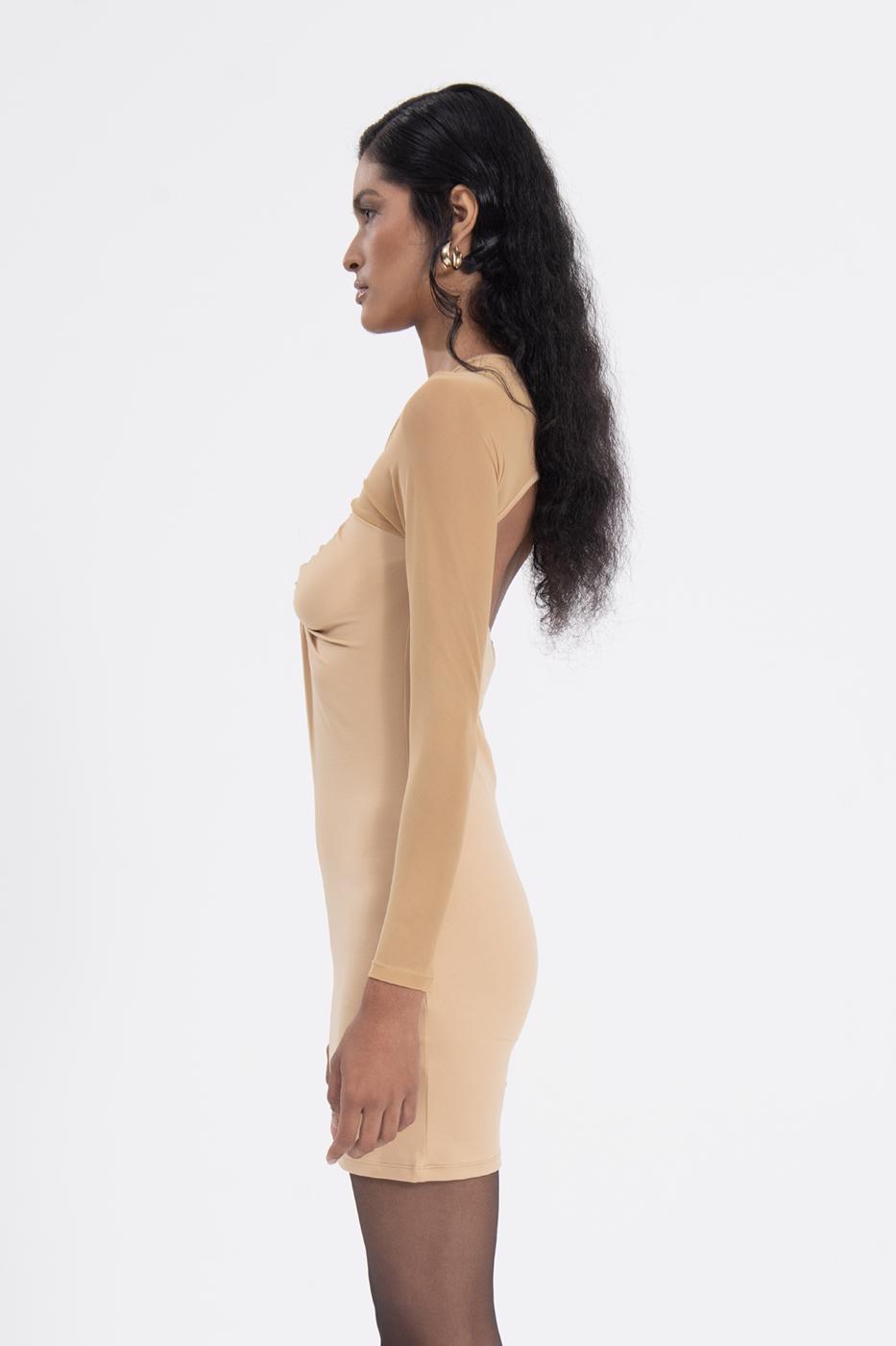 Bayan Bej Sırt Pencereli Mini Elbise