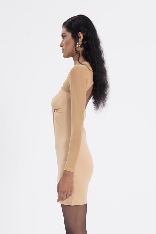 Bayan Bej Sırt Pencereli Mini Elbise - BSL