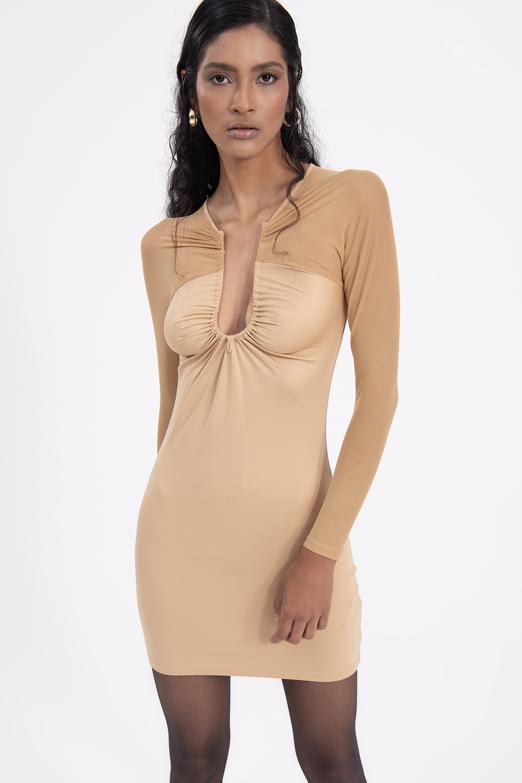 Bayan Bej Sırt Pencereli Mini Elbise - BSL
