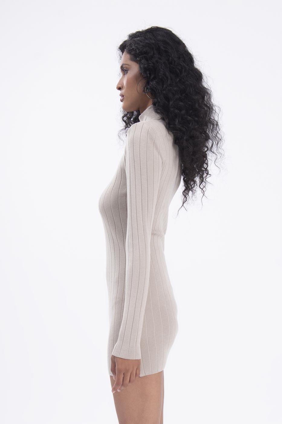 Bayan Bej Vatkalı Triko Mini Elbise