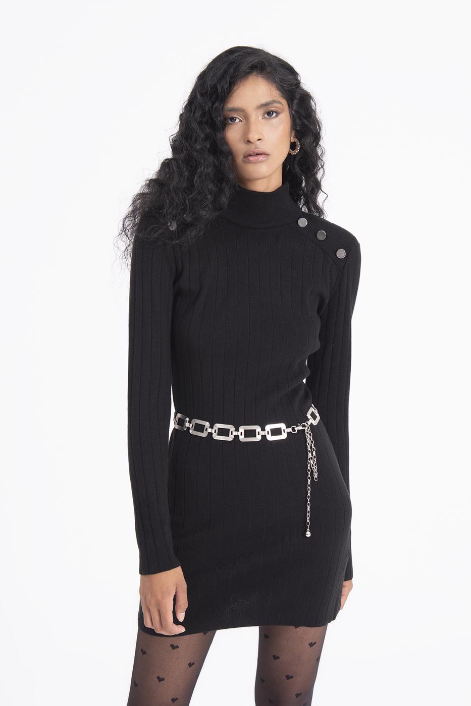 Bayan Siyah Vatkalı Triko Mini Elbise