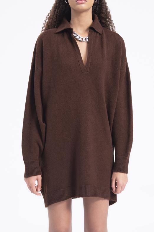 Bayan Kahverengi Yakalı Oversize Mini Triko Elbise - BSL