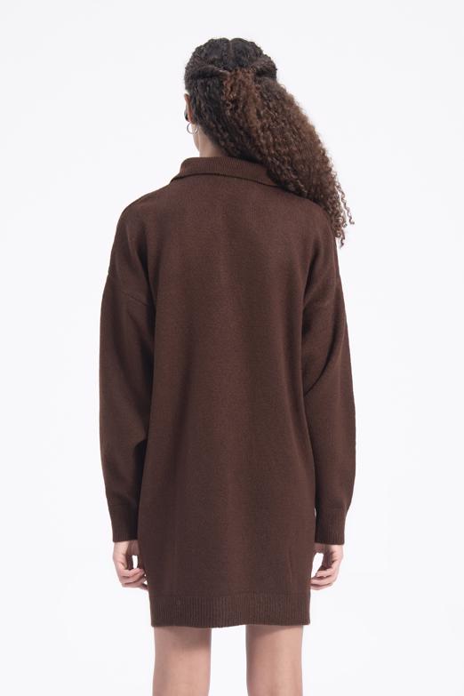 Bayan Kahverengi Yakalı Oversize Mini Triko Elbise - BSL