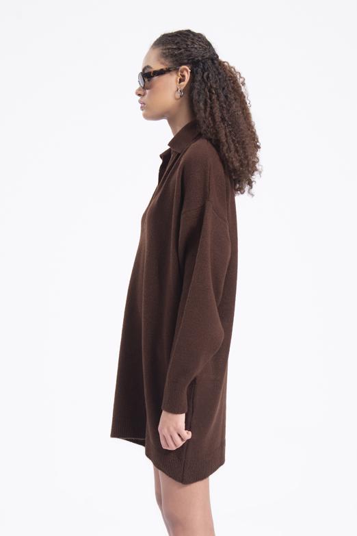 Bayan Kahverengi Yakalı Oversize Mini Triko Elbise - BSL