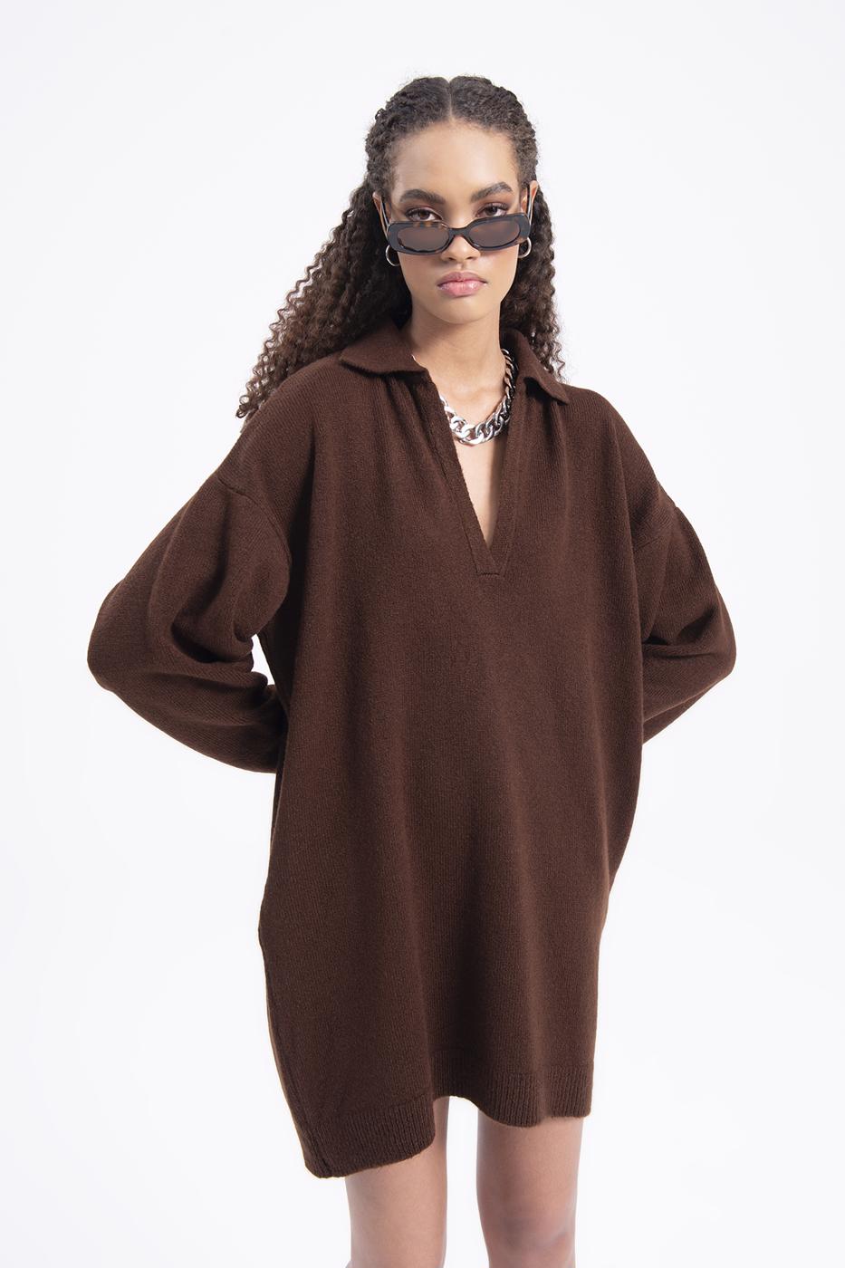 Bayan Kahverengi Yakalı Oversize Mini Triko Elbise